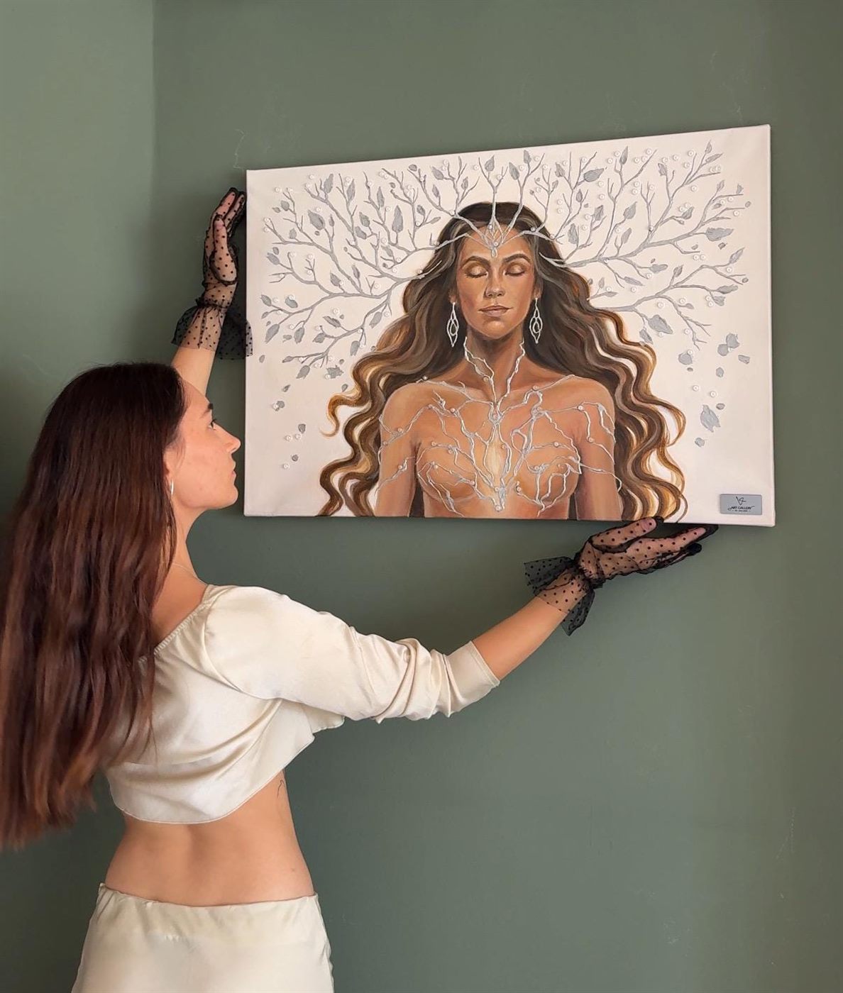 árbol de plata, Made to order, any size — A woman with silver branches growing from her head.