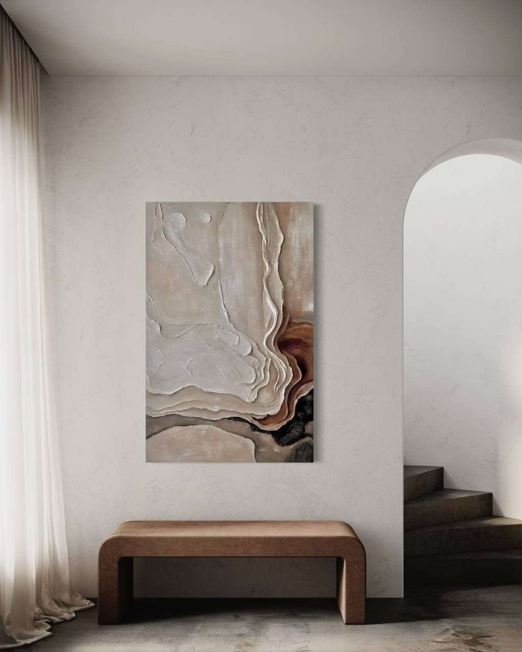 arena viva, 90×140 cm — Deep sculptural texture on a solid wooden panel, moving from beige and cream to cappuccino and chocolate.