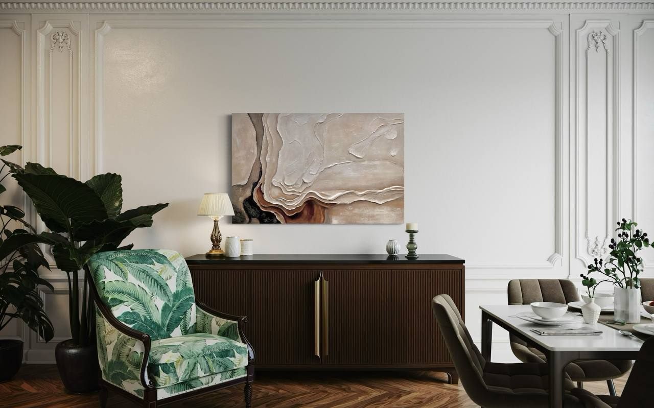 arena viva, 90×140 cm — Deep sculptural texture on a solid wooden panel, moving from beige and cream to cappuccino and chocolate.