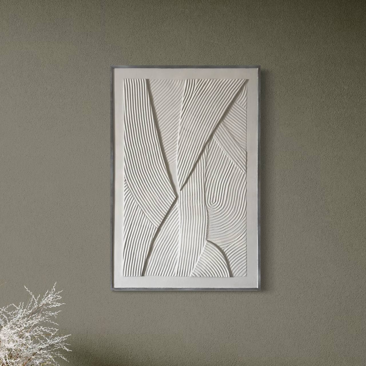 blanco perfecto, 60×90 cm — Yeso sobre panel macizo de madera, con marco de madera natural.
