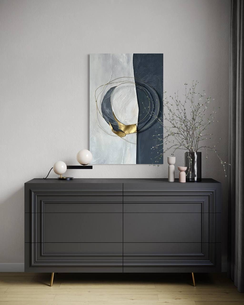 círculo, Made to order, any size — A canvas split into black and white, with a gold circle holding the two halves together.