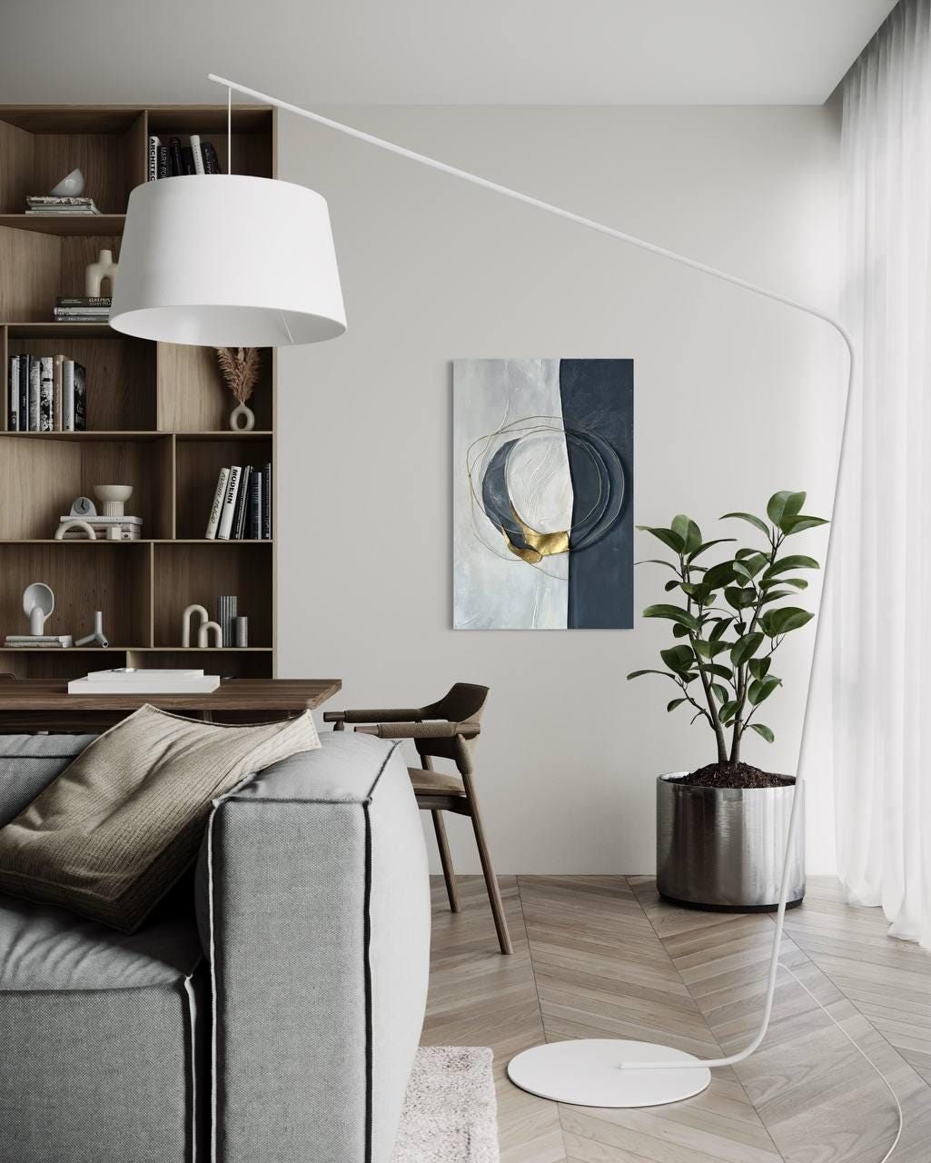 círculo, Made to order, any size — A canvas split into black and white, with a gold circle holding the two halves together.