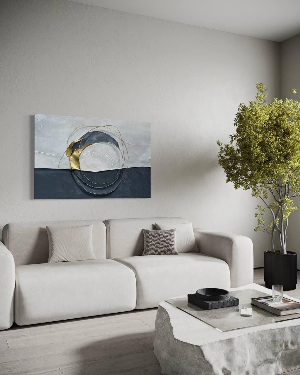 círculo, Made to order, any size — A canvas split into black and white, with a gold circle holding the two halves together.