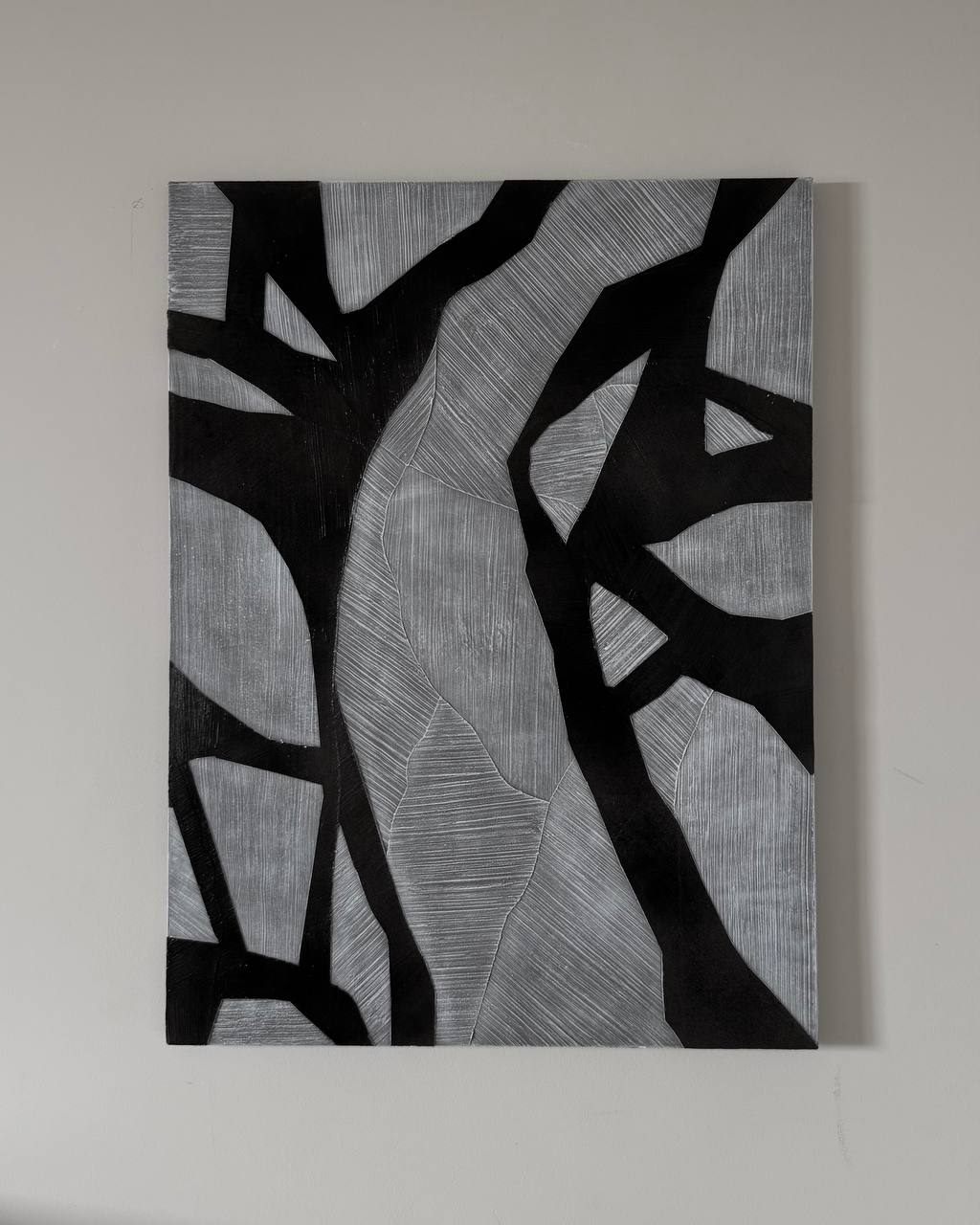 element, 60×80 cm — Bare branches across a grey field: graphic and calm at once.