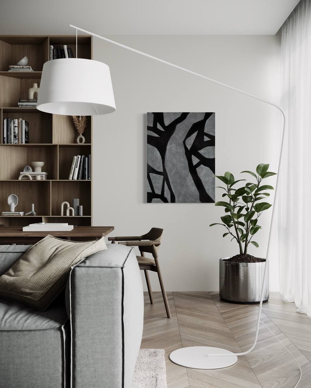 element, 60×80 cm — Bare branches across a grey field: graphic and calm at once.