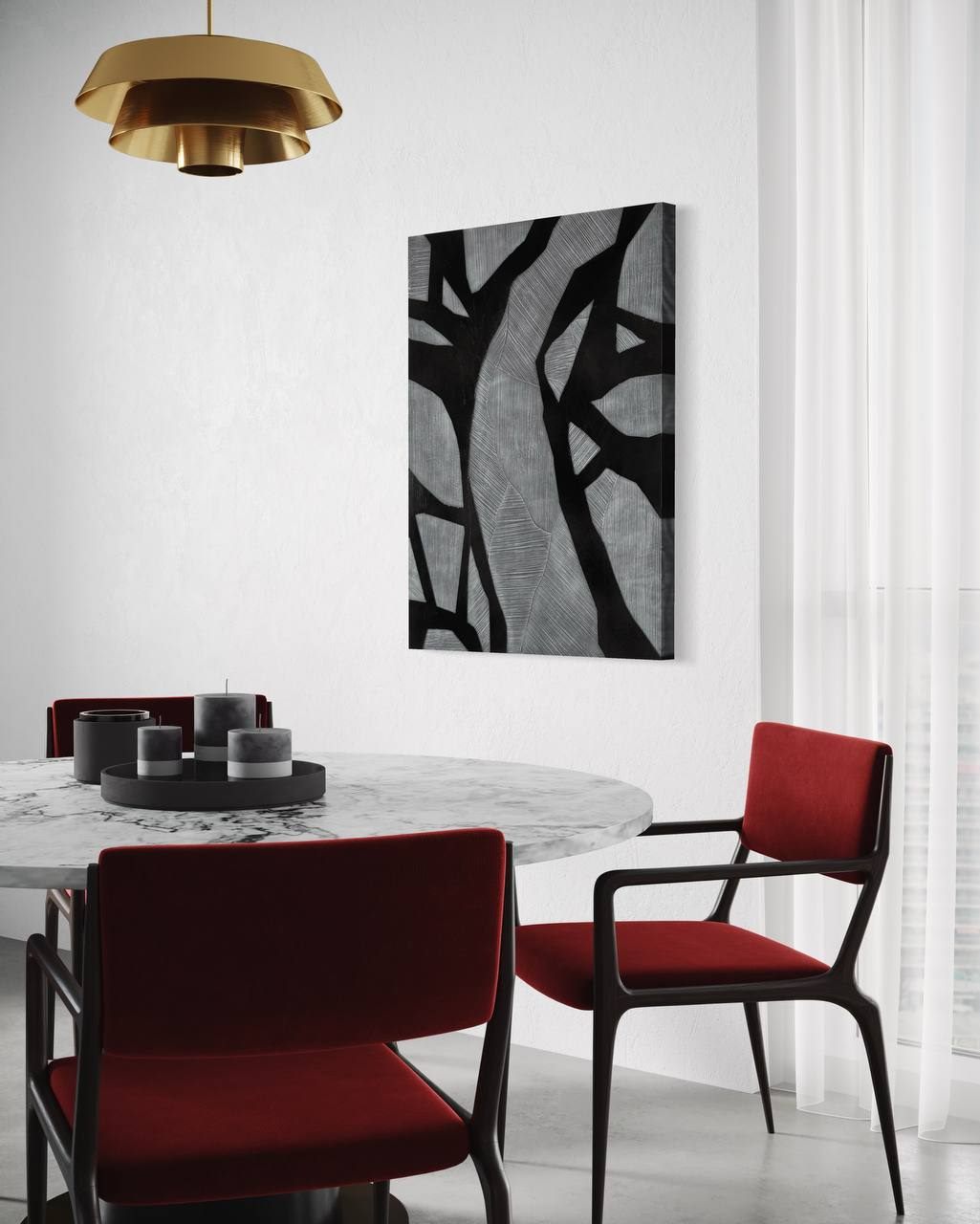 element, 60×80 cm — Bare branches across a grey field: graphic and calm at once.