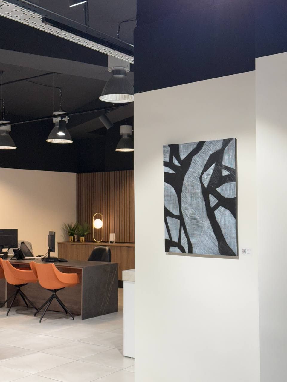 element, 60×80 cm — Bare branches across a grey field: graphic and calm at once.