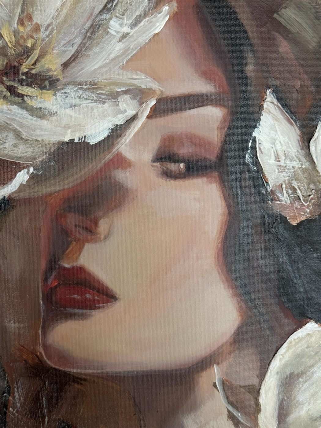 flor blanca, 50×70 см — Женское лицо и белый цветок, написанные абстрактно и чуть сюрреалистично.