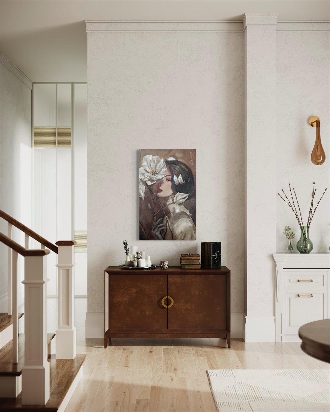 flor blanca, 50×70 см — Женское лицо и белый цветок, написанные абстрактно и чуть сюрреалистично.