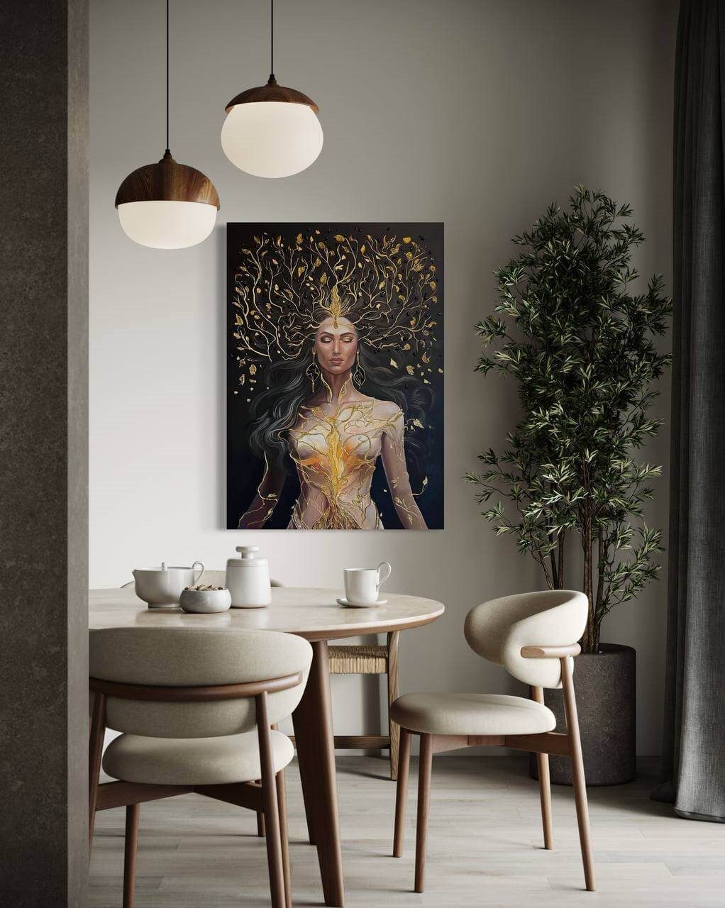 Fortuna Woman, 70×100 cm — Fortuna, the goddess of prosperity, inside an abstract tree of life.