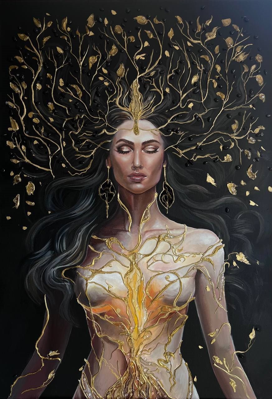 Fortuna Woman, 70×100 cm — Fortuna, the goddess of prosperity, inside an abstract tree of life.