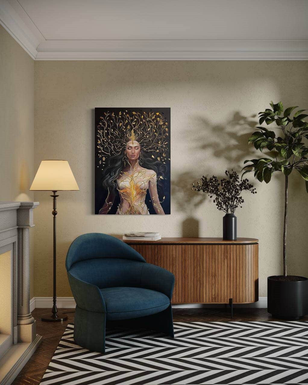 Fortuna Woman, 70×100 cm — Fortuna, the goddess of prosperity, inside an abstract tree of life.