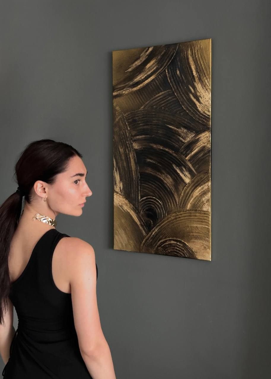 GOLD COMPOSITION, 40×80 cm — Deep black and gold leaf in a tall, narrow format.