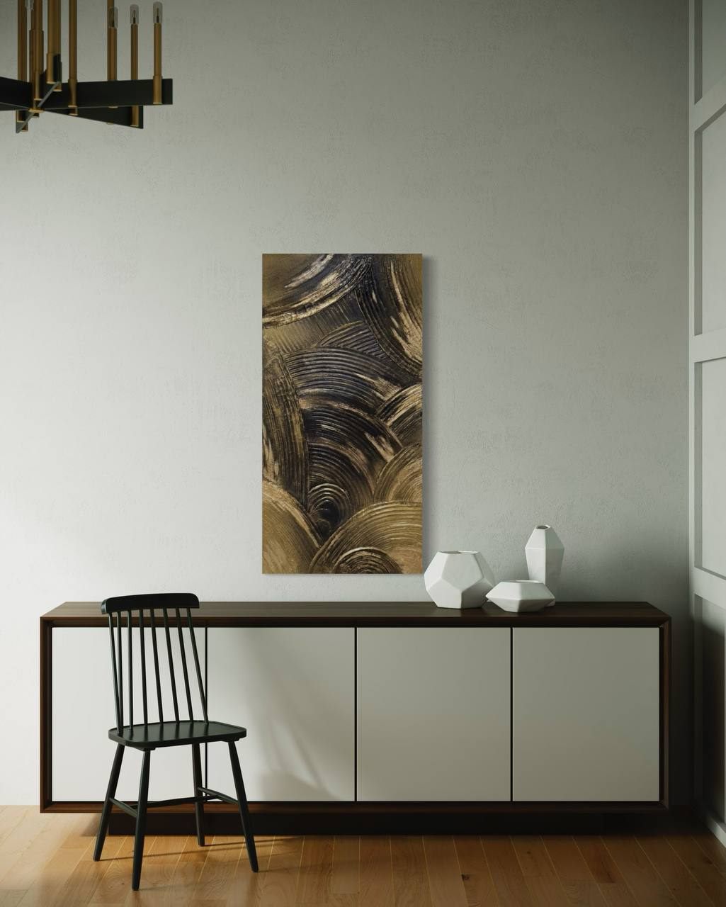 GOLD COMPOSITION, 40×80 cm — Deep black and gold leaf in a tall, narrow format.