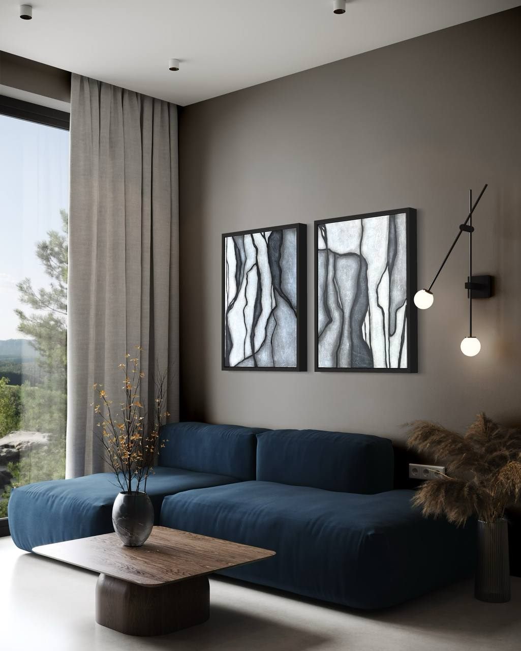 Grafica Natural, 50×70 cm, Díptico — Díptico de dos paneles pintados a mano en negro, blanco y gris.