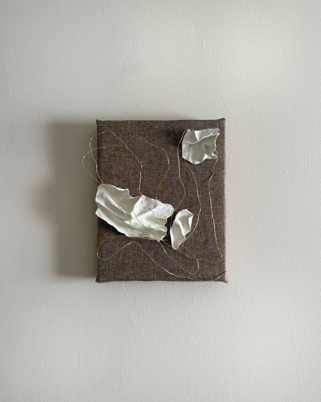 hilo de oro, Made to order, any size — Clay elements set into a composition on linen canvas, stretched by hand over a wooden frame.