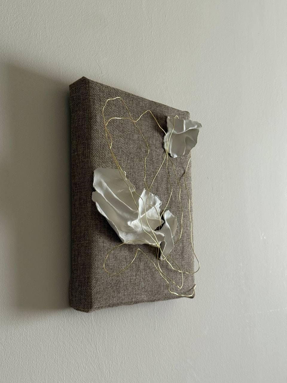 hilo de oro, Made to order, any size — Clay elements set into a composition on linen canvas, stretched by hand over a wooden frame.