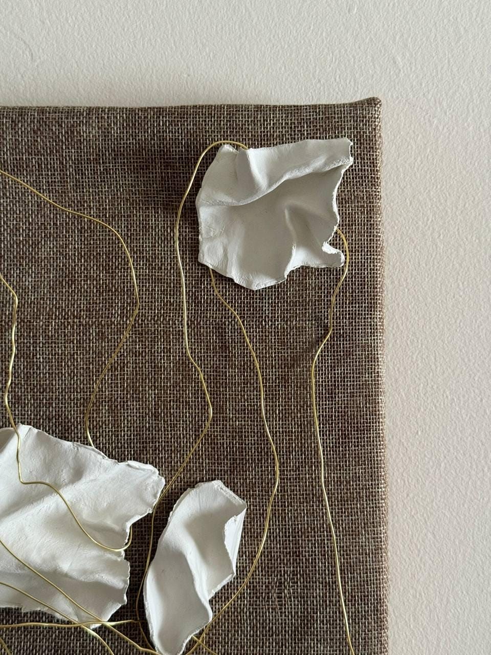 hilo de oro, Made to order, any size — Clay elements set into a composition on linen canvas, stretched by hand over a wooden frame.