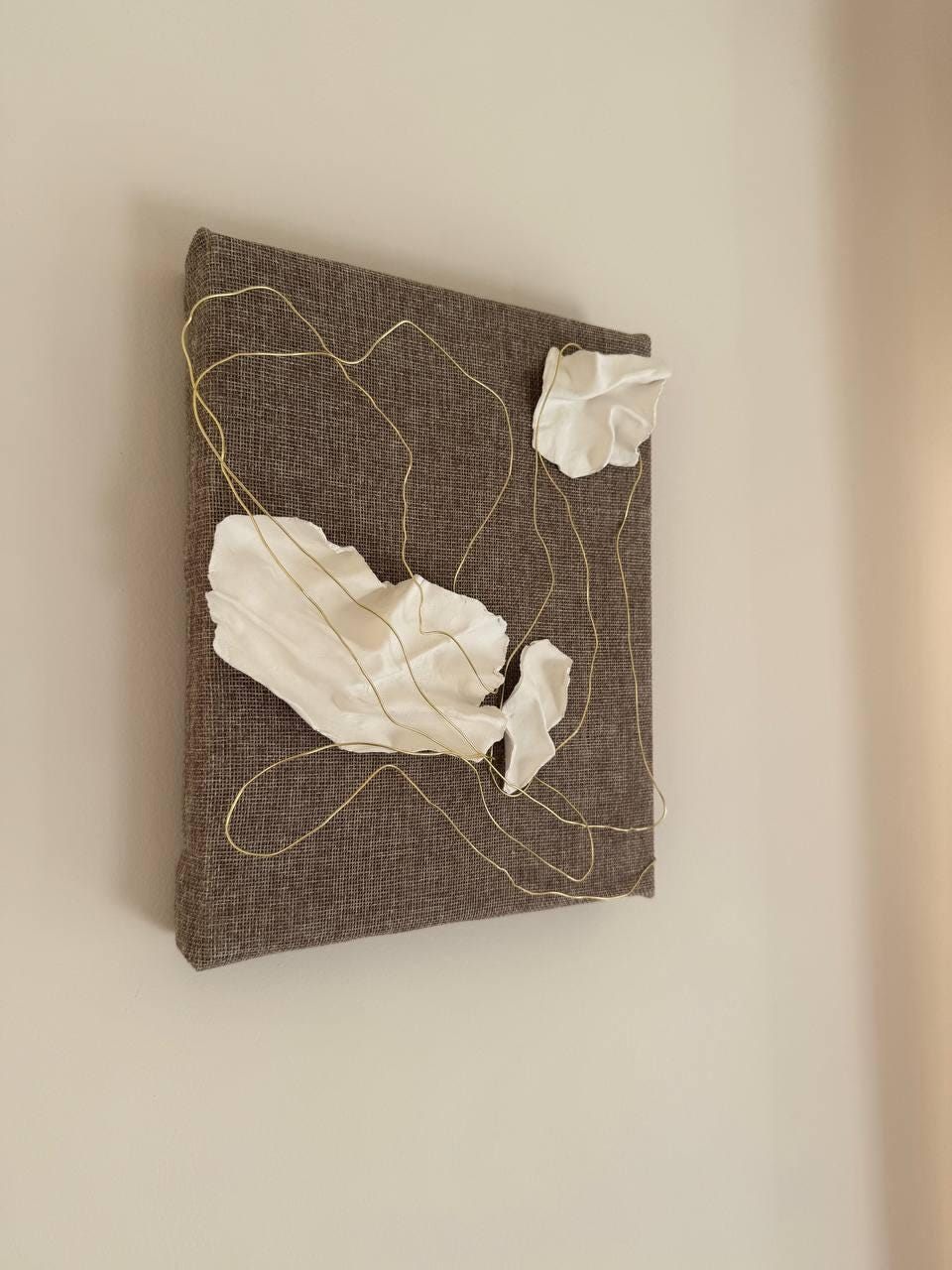 hilo de oro, Made to order, any size — Clay elements set into a composition on linen canvas, stretched by hand over a wooden frame.