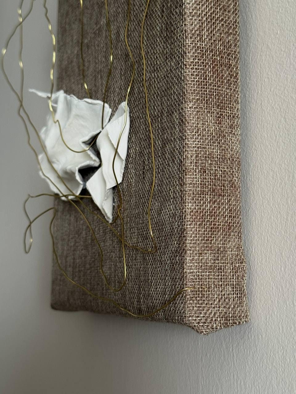hilo de oro, Made to order, any size — Clay elements set into a composition on linen canvas, stretched by hand over a wooden frame.