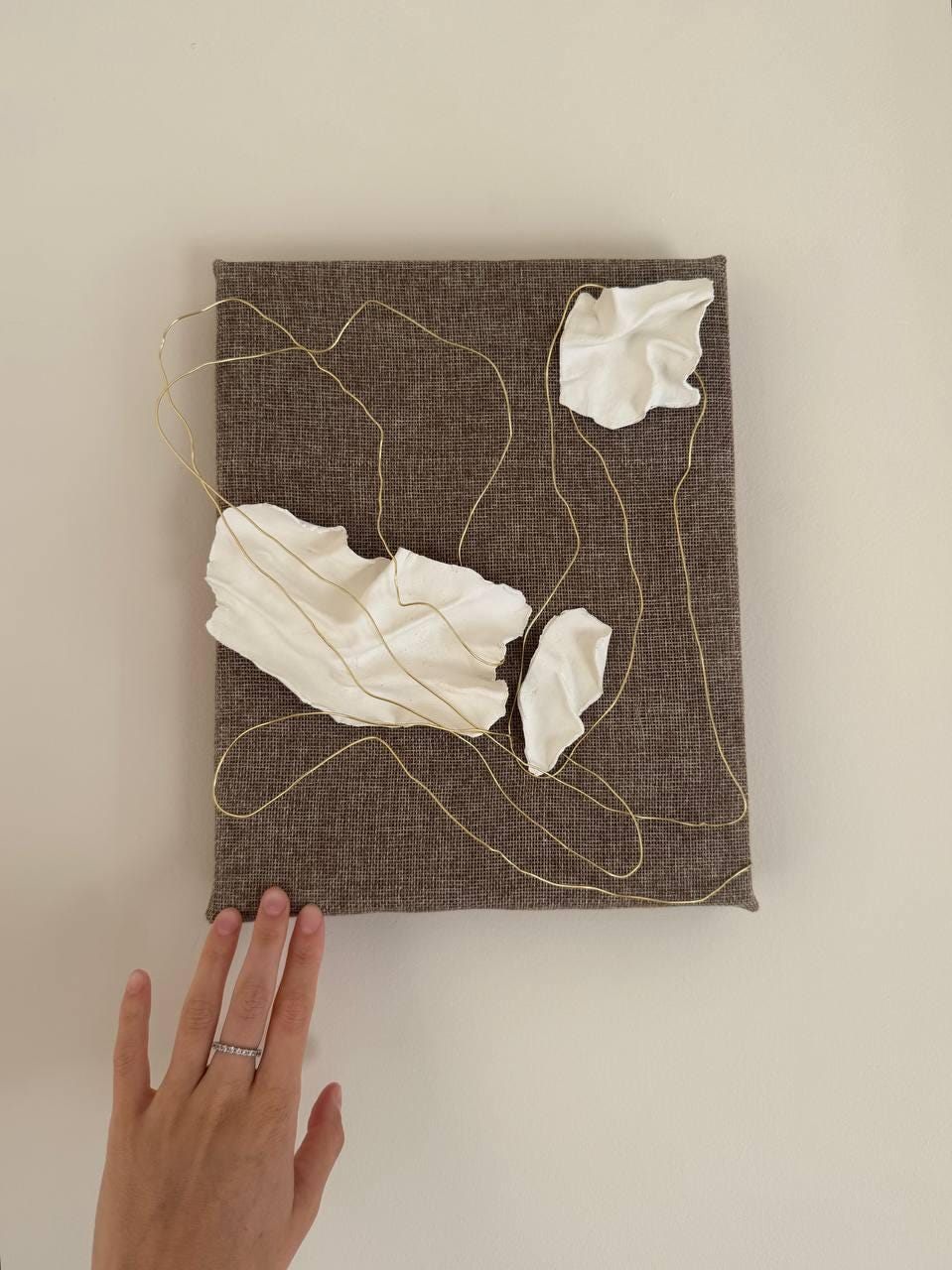 hilo de oro, Made to order, any size — Clay elements set into a composition on linen canvas, stretched by hand over a wooden frame.