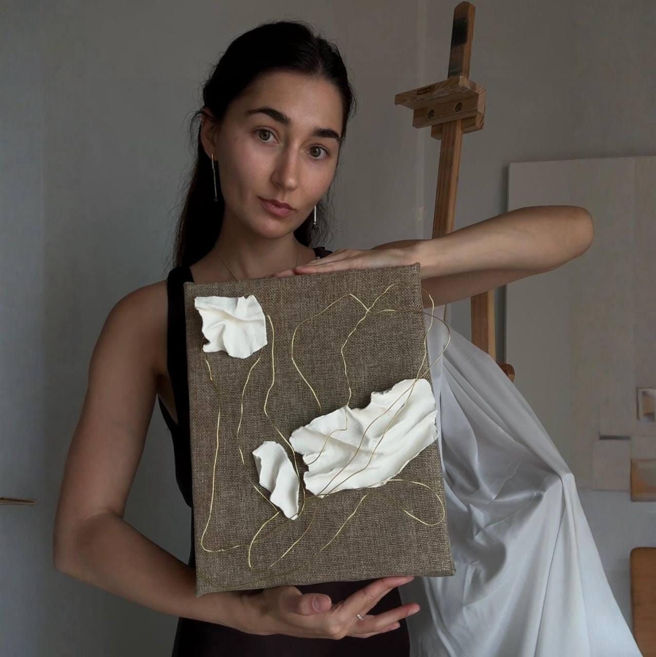 hilo de oro, Made to order, any size — Clay elements set into a composition on linen canvas, stretched by hand over a wooden frame.