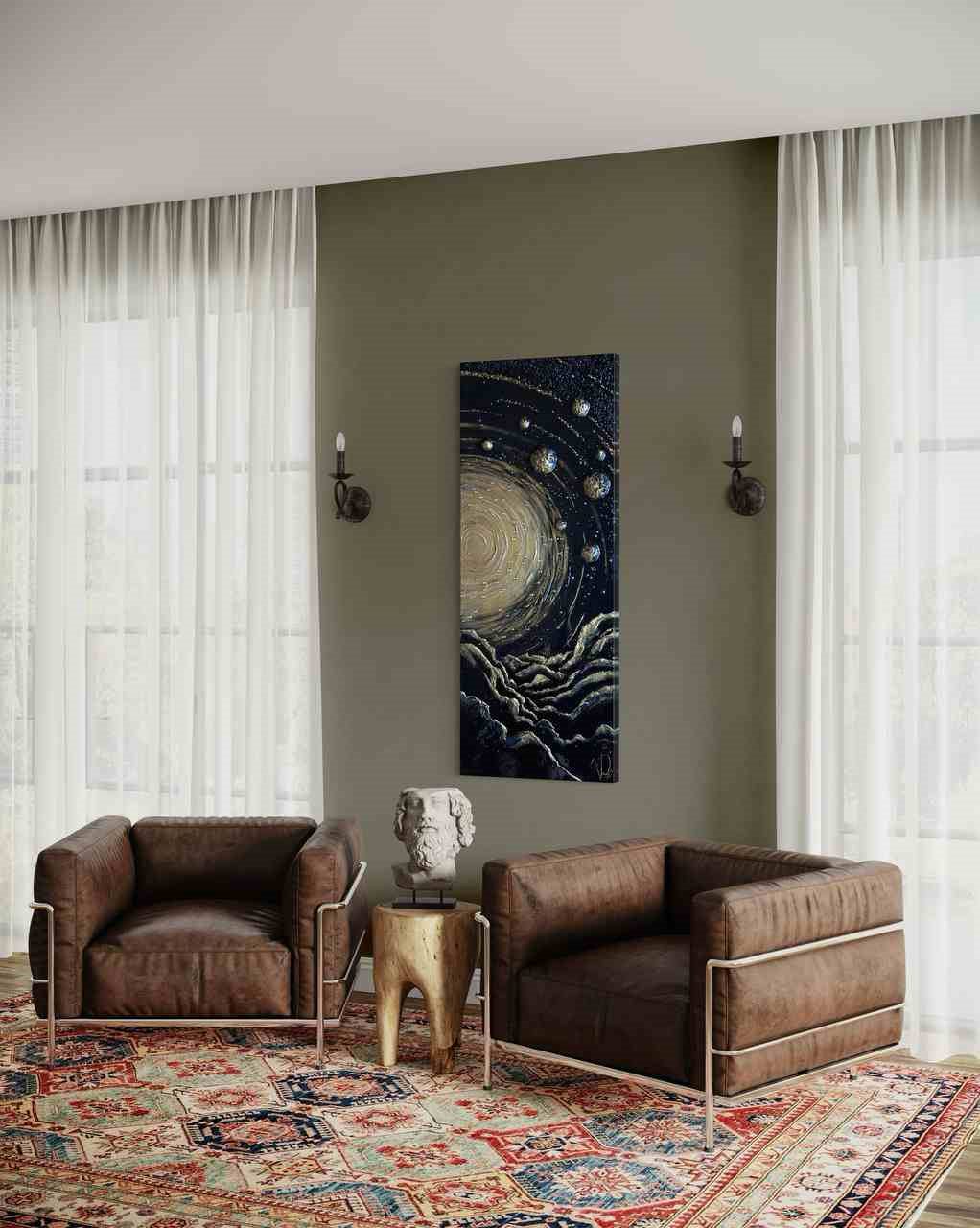 INFINITY, 40×100 cm — A glowing sun at the centre, concentric textured rings around it, gold planets standing out from the dark surface.