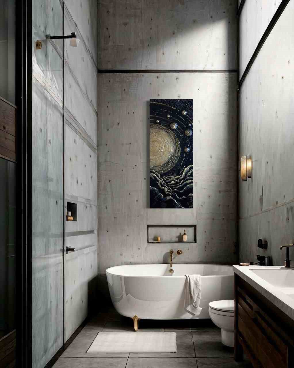INFINITY, 40×100 cm — A glowing sun at the centre, concentric textured rings around it, gold planets standing out from the dark surface.