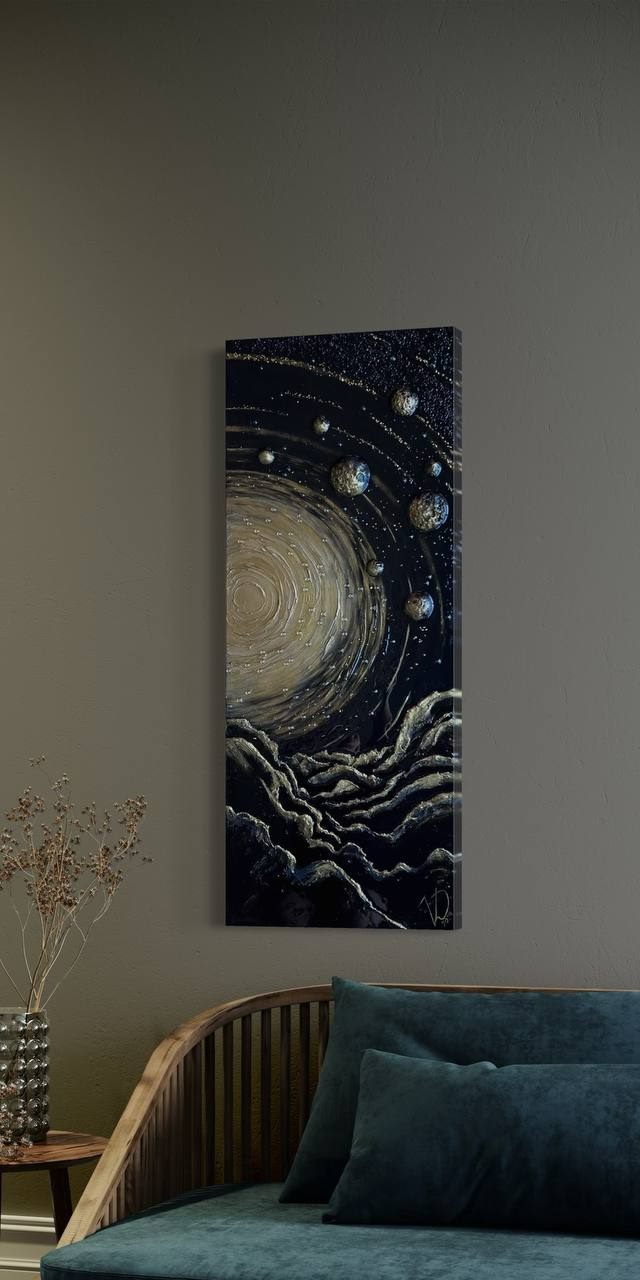 INFINITY, 40×100 cm — A glowing sun at the centre, concentric textured rings around it, gold planets standing out from the dark surface.
