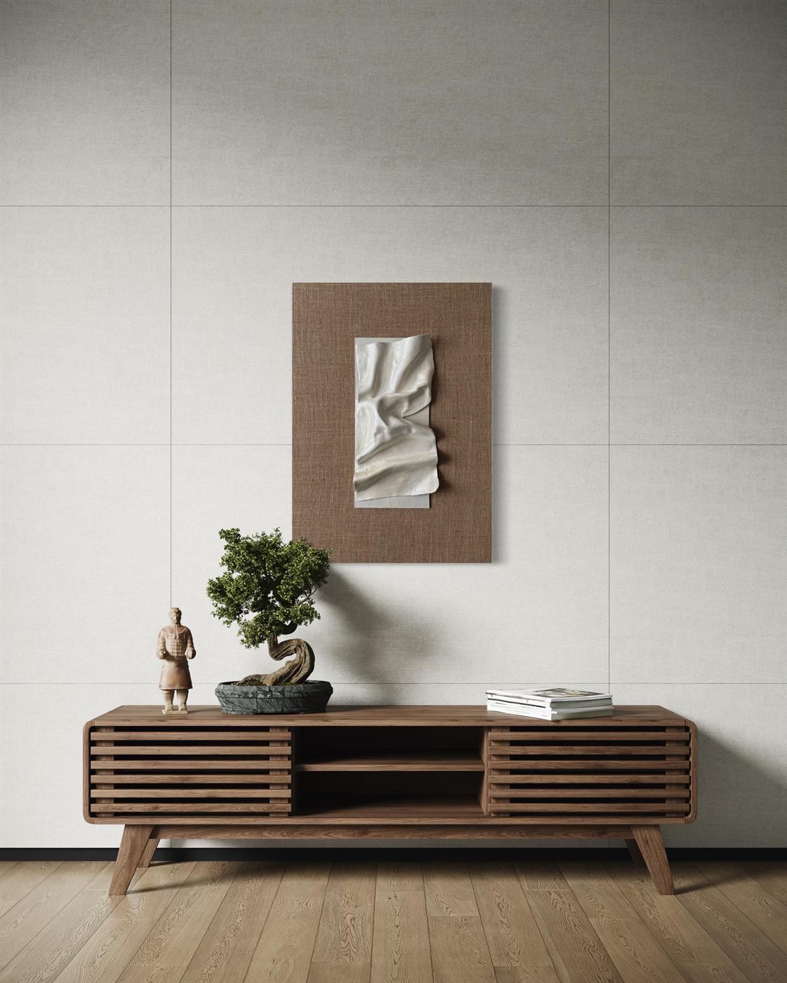 lino, Made to order, any size — A single clay fold on natural linen over a solid wooden base.