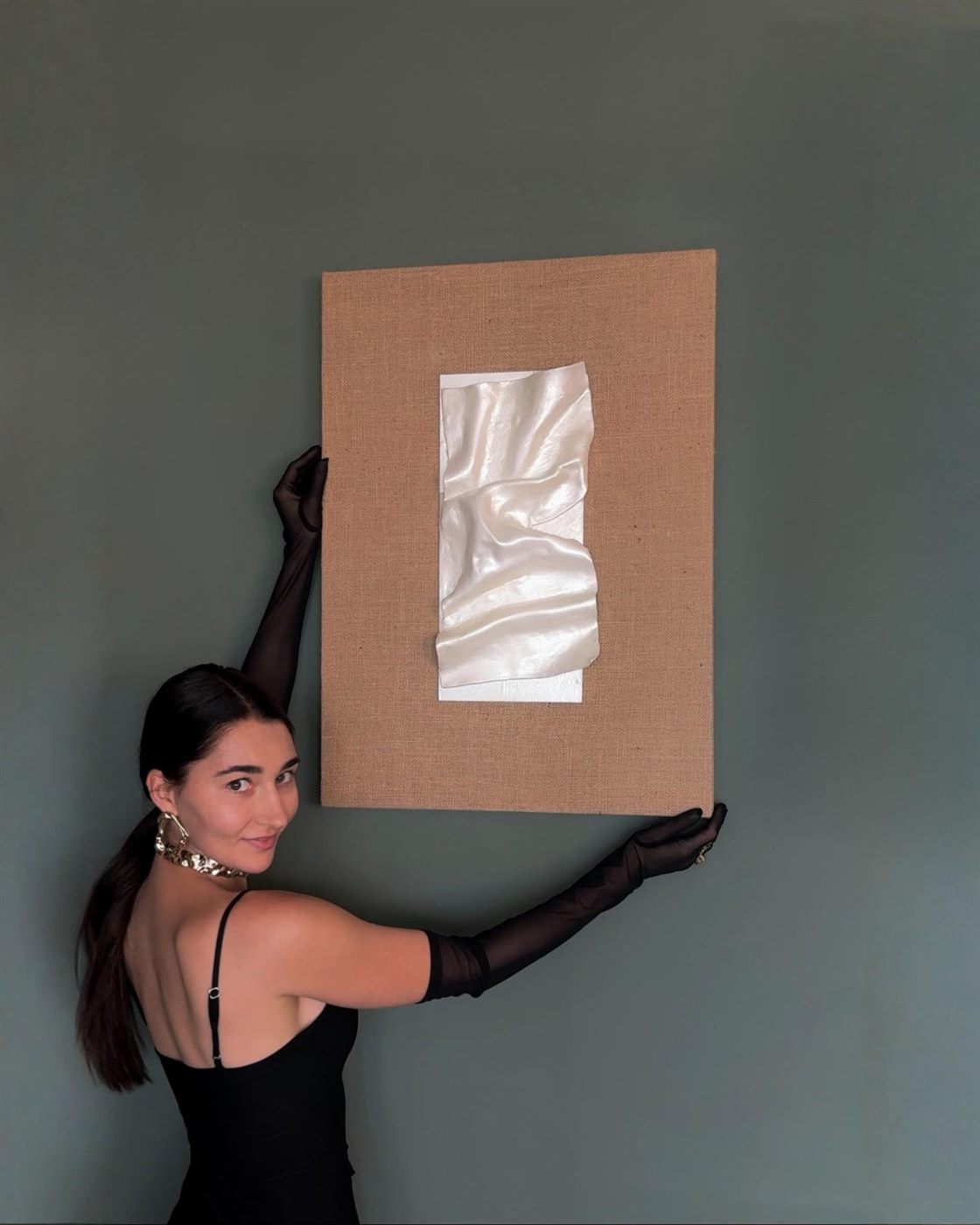 lino, Made to order, any size — A single clay fold on natural linen over a solid wooden base.