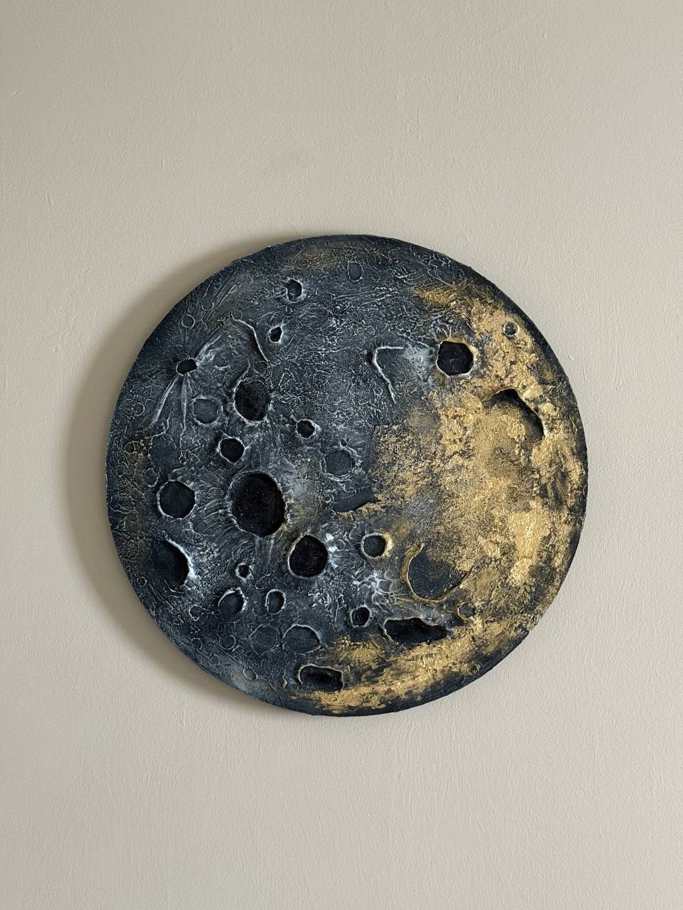 luna, Made to order, any size — A cratered moon on a round cotton canvas.