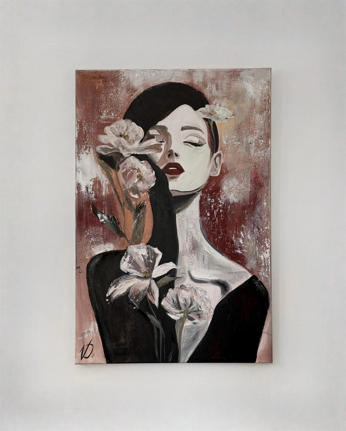 magnolia, Made to order, any size — A woman among white magnolias, in red, black and warm skin tones.