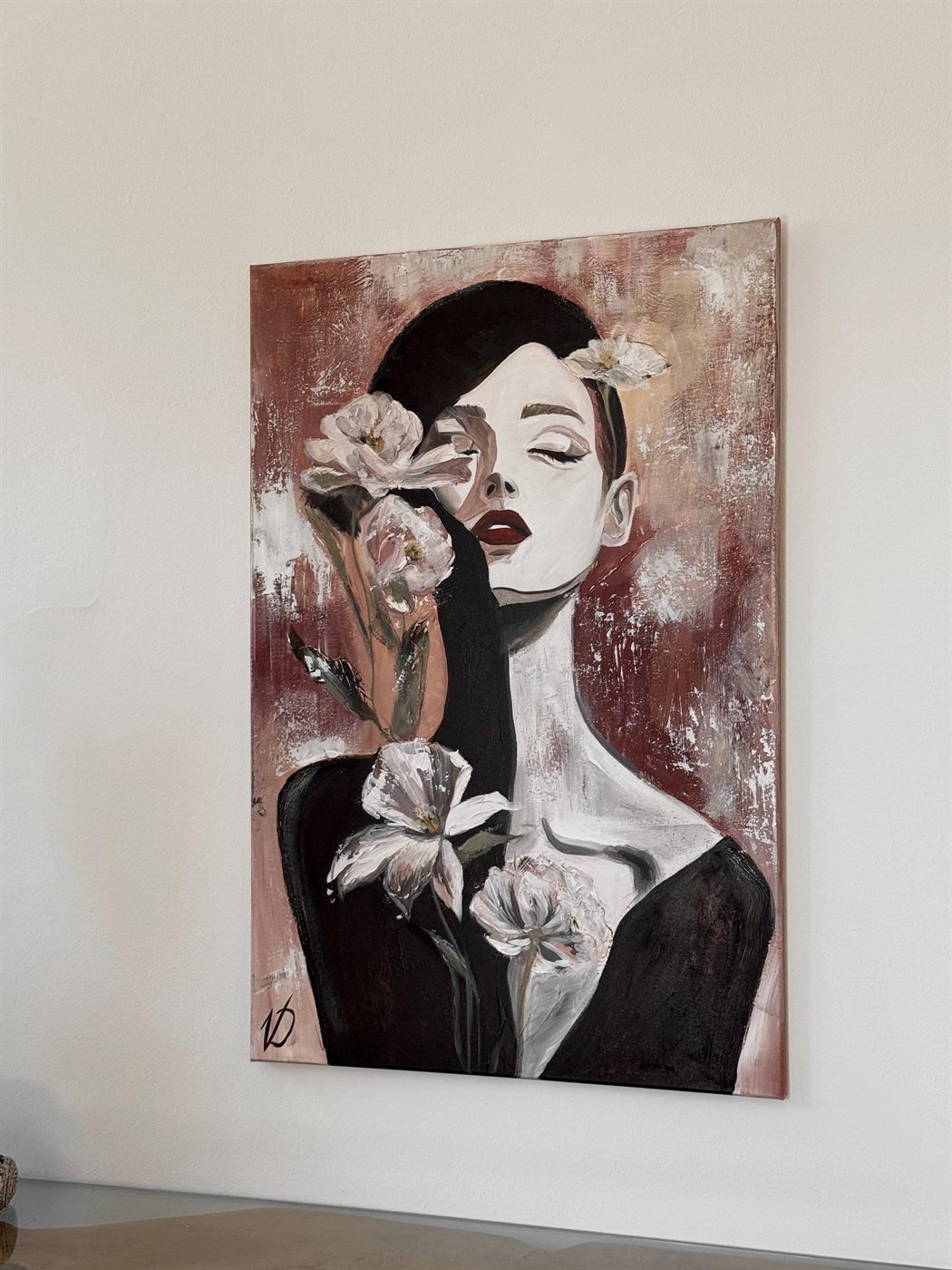 magnolia, Made to order, any size — A woman among white magnolias, in red, black and warm skin tones.