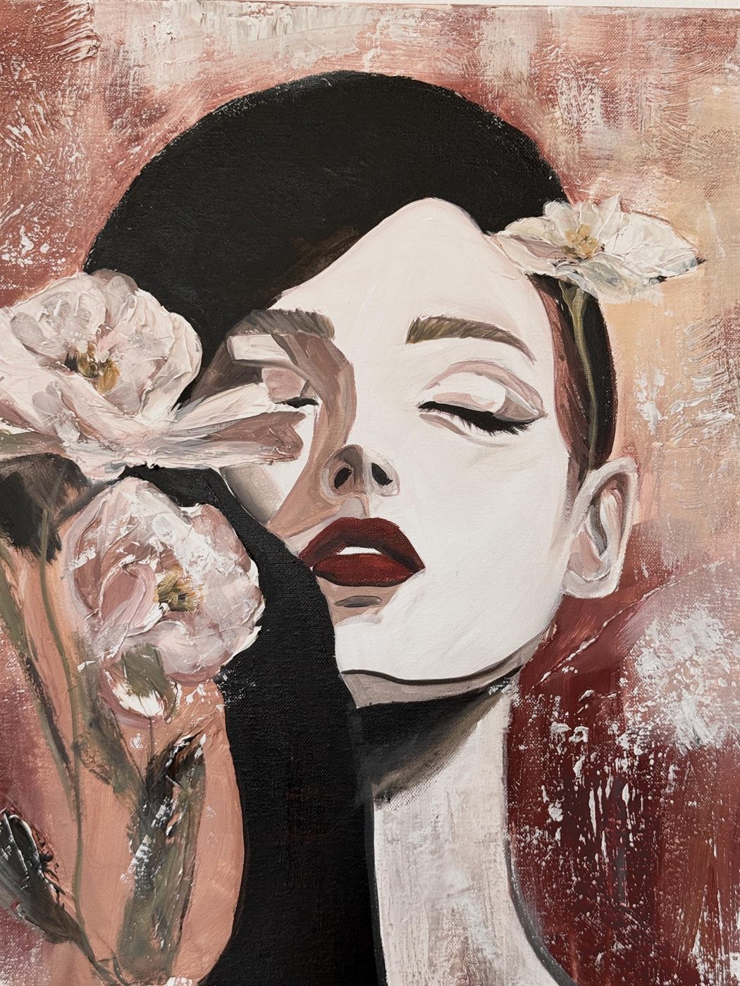 magnolia, Made to order, any size — A woman among white magnolias, in red, black and warm skin tones.
