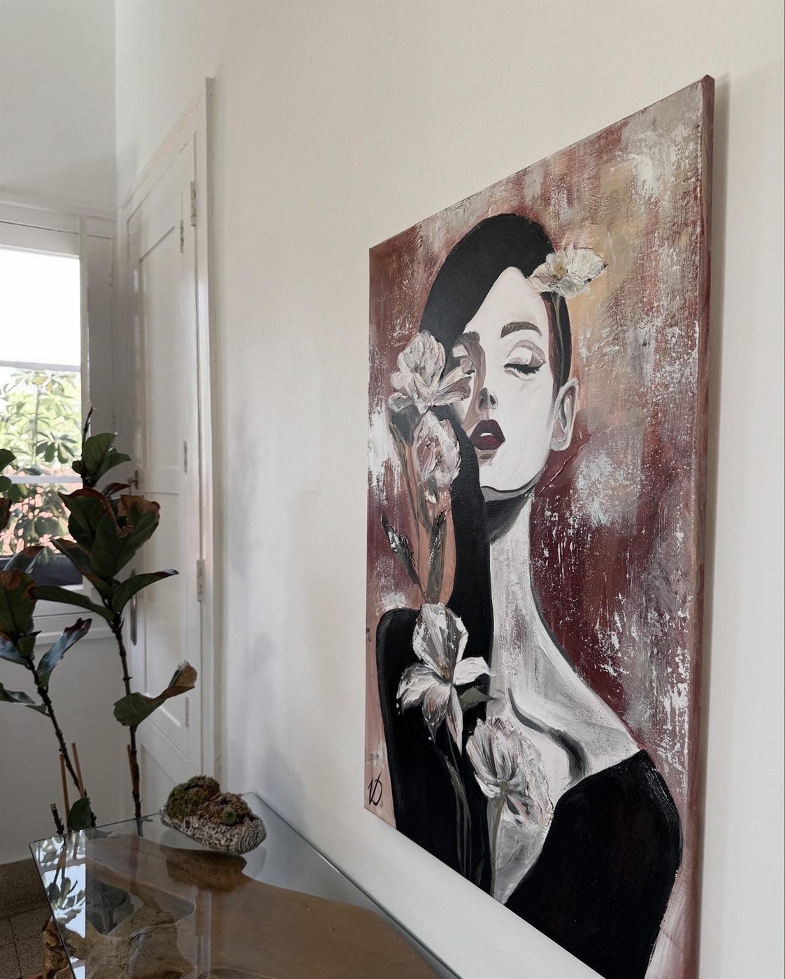 magnolia, Made to order, any size — A woman among white magnolias, in red, black and warm skin tones.