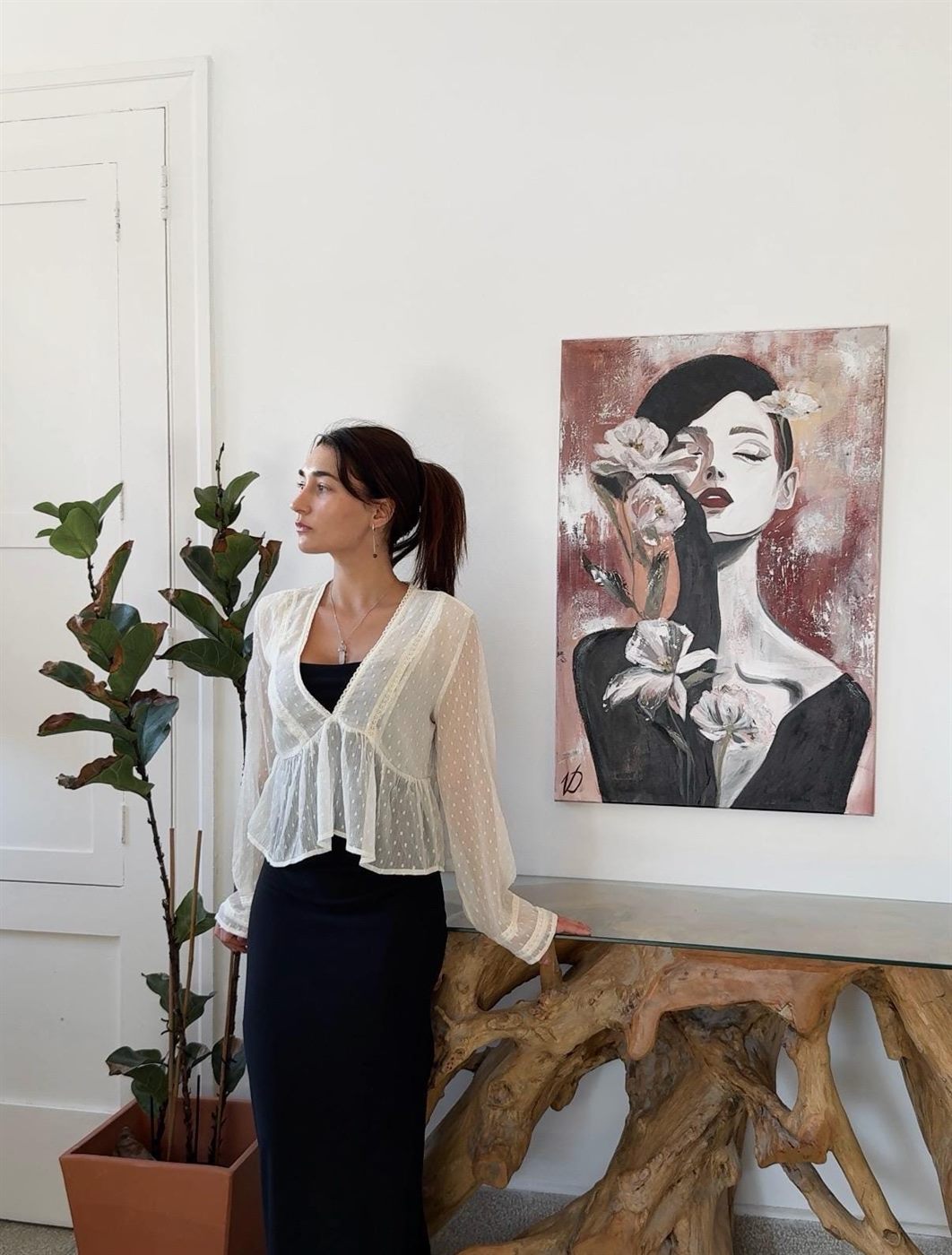 magnolia, Made to order, any size — A woman among white magnolias, in red, black and warm skin tones.