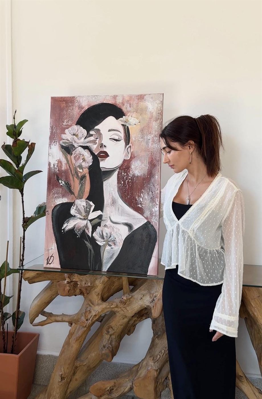 magnolia, Made to order, any size — A woman among white magnolias, in red, black and warm skin tones.