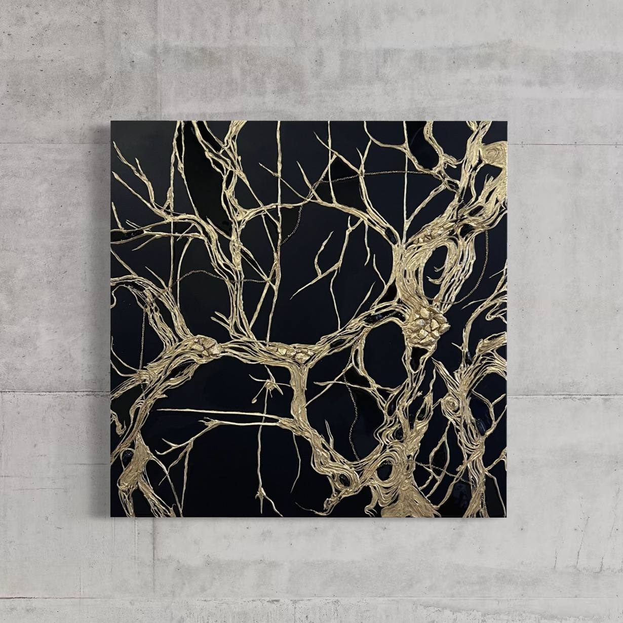 MATRIX, 80×80 cm — Crossing lines on deep black: choices, connections, paths.
