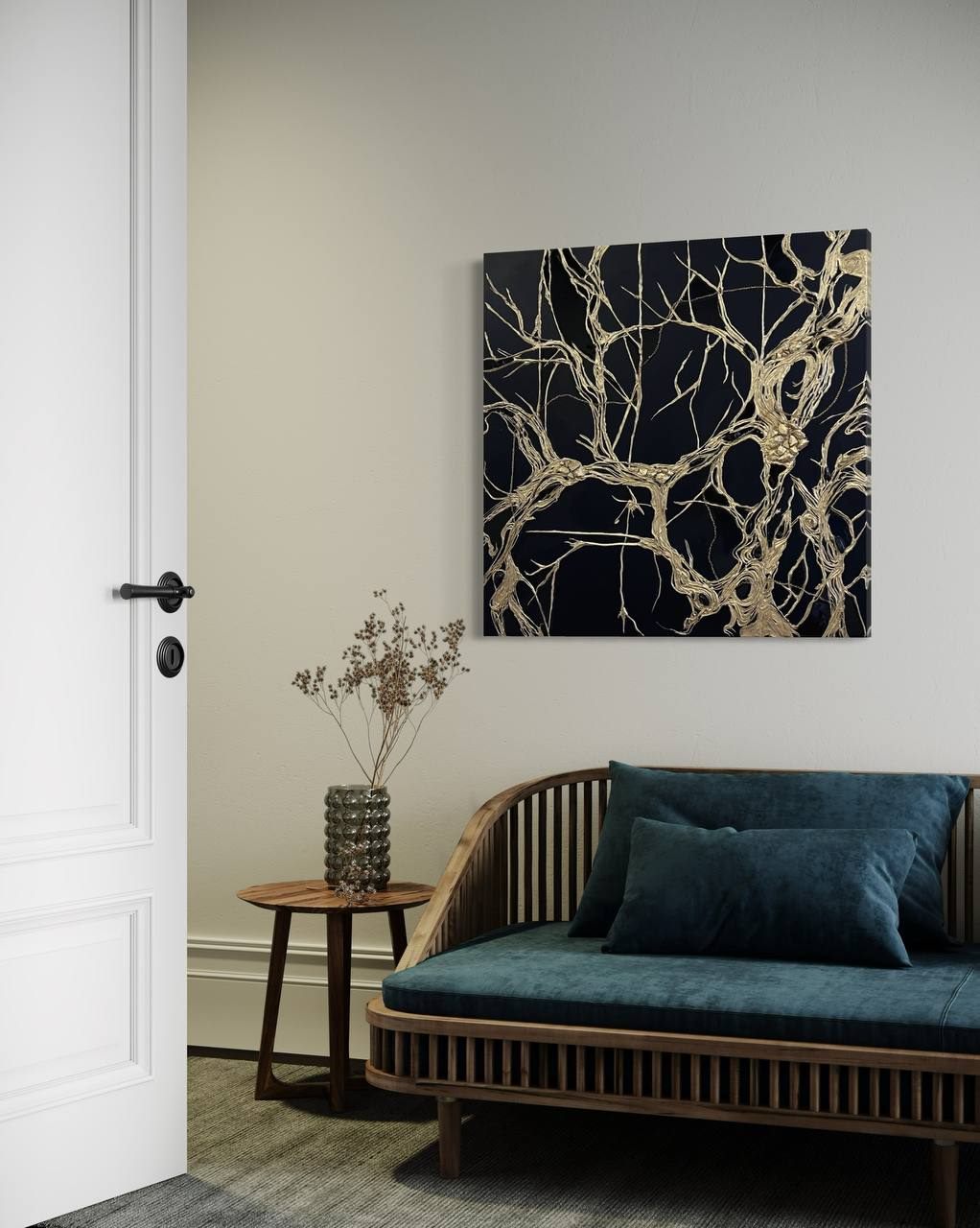 MATRIX, 80×80 cm — Crossing lines on deep black: choices, connections, paths.