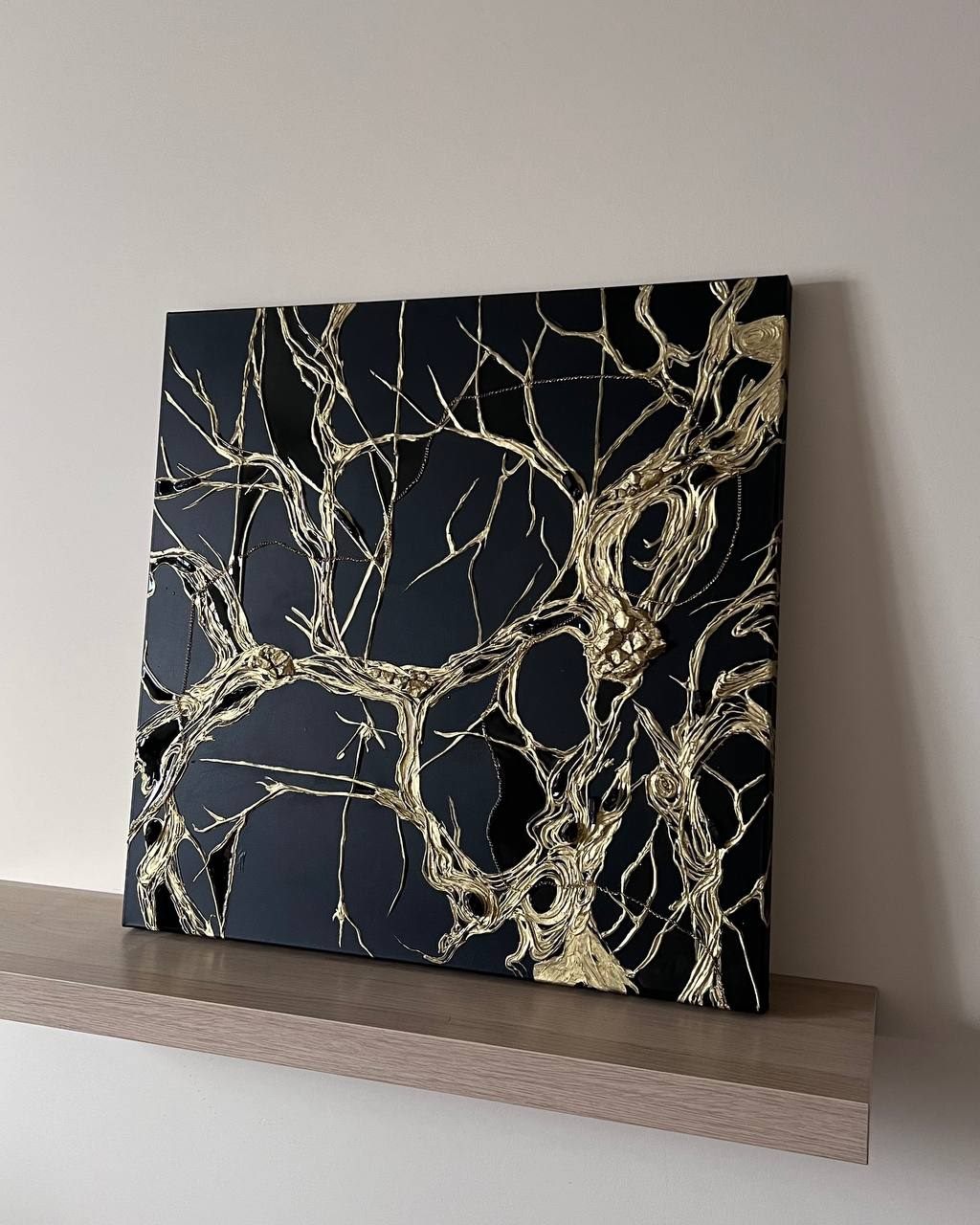 MATRIX, 80×80 cm — Crossing lines on deep black: choices, connections, paths.