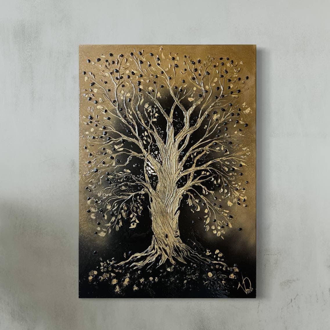 Money Tree, 70×100 cm — A gold tree on a dark ground.