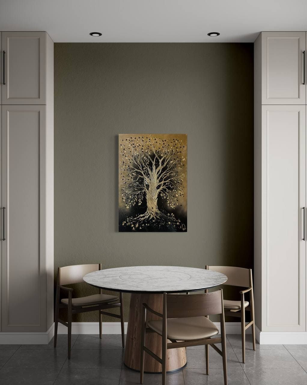 Money Tree, 70×100 cm — A gold tree on a dark ground.