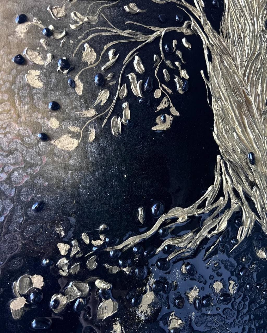 Money Tree, 70×100 cm — A gold tree on a dark ground.