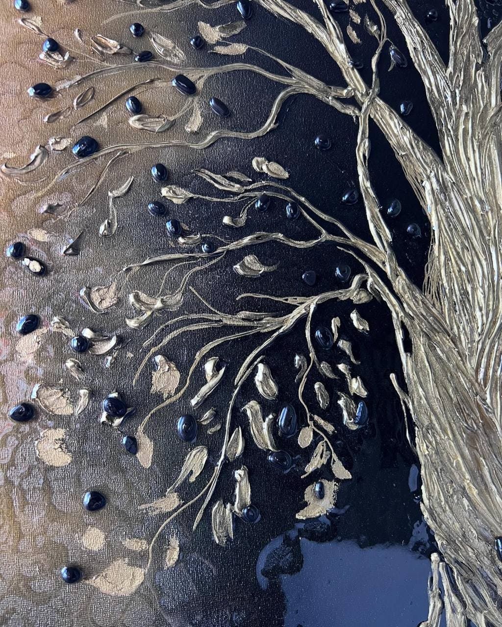 Money Tree, 70×100 cm — A gold tree on a dark ground.