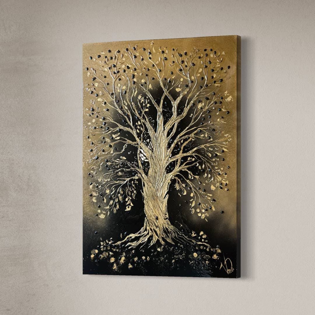 Money Tree, 70×100 cm — A gold tree on a dark ground.