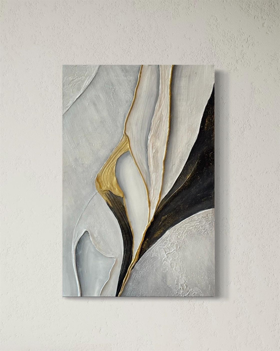 pétalo de oro, Made to order, any size — Beige, white, black and gold gathered into one flowing form, like a petal opening.