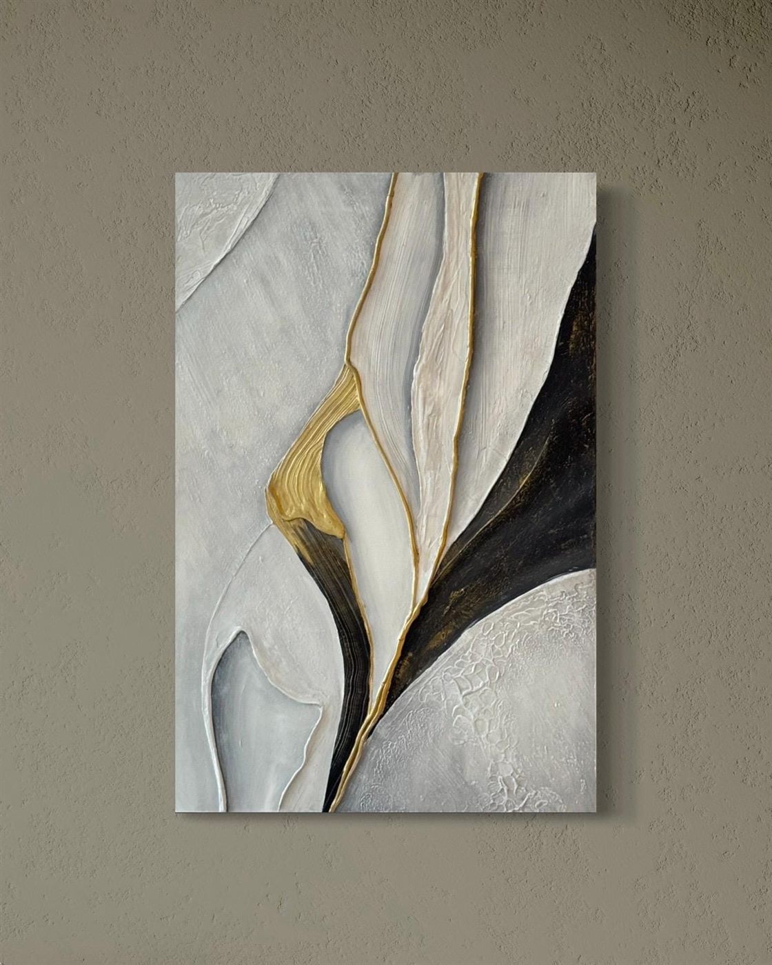 pétalo de oro, Made to order, any size — Beige, white, black and gold gathered into one flowing form, like a petal opening.