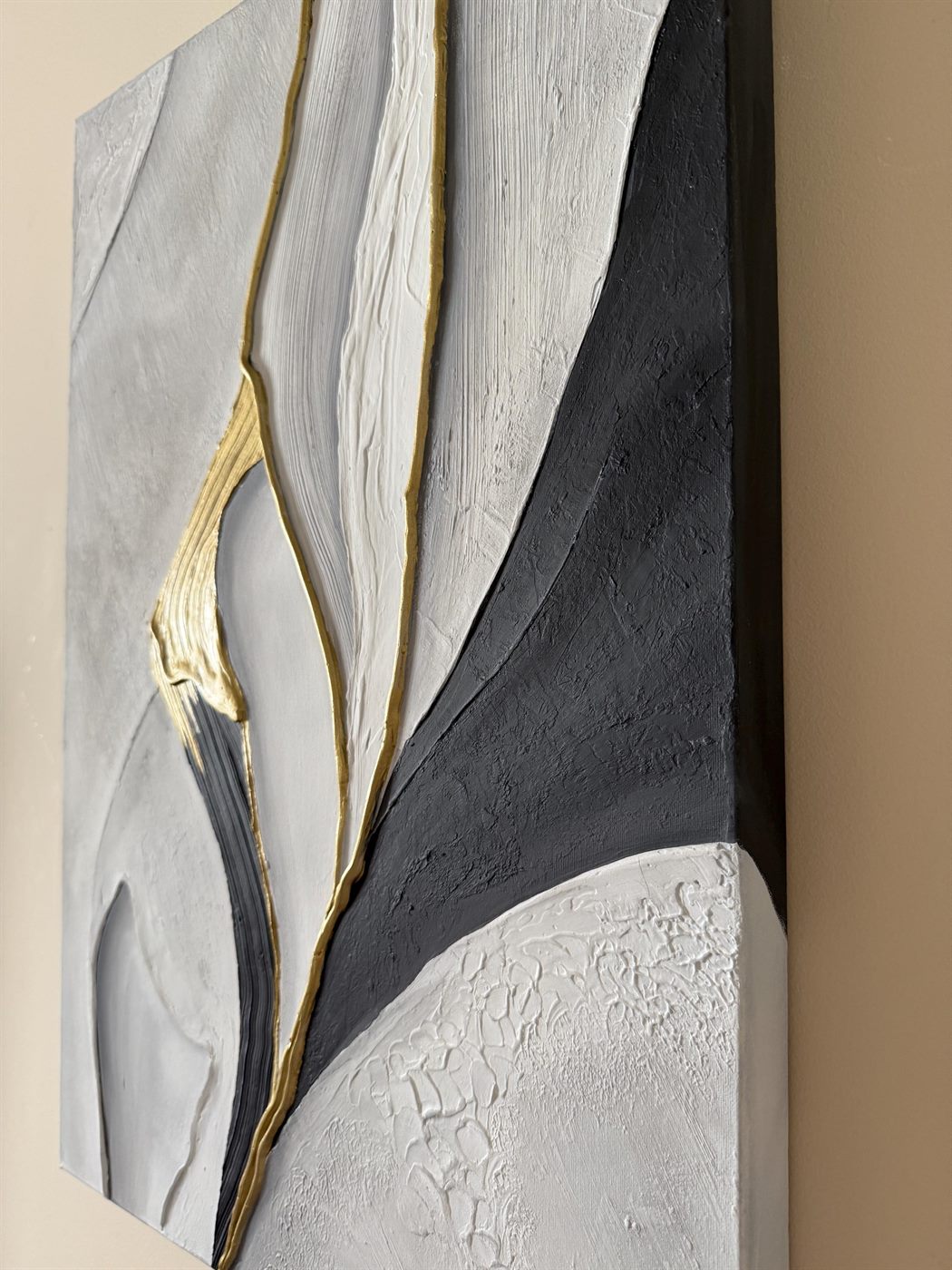 pétalo de oro, Made to order, any size — Beige, white, black and gold gathered into one flowing form, like a petal opening.