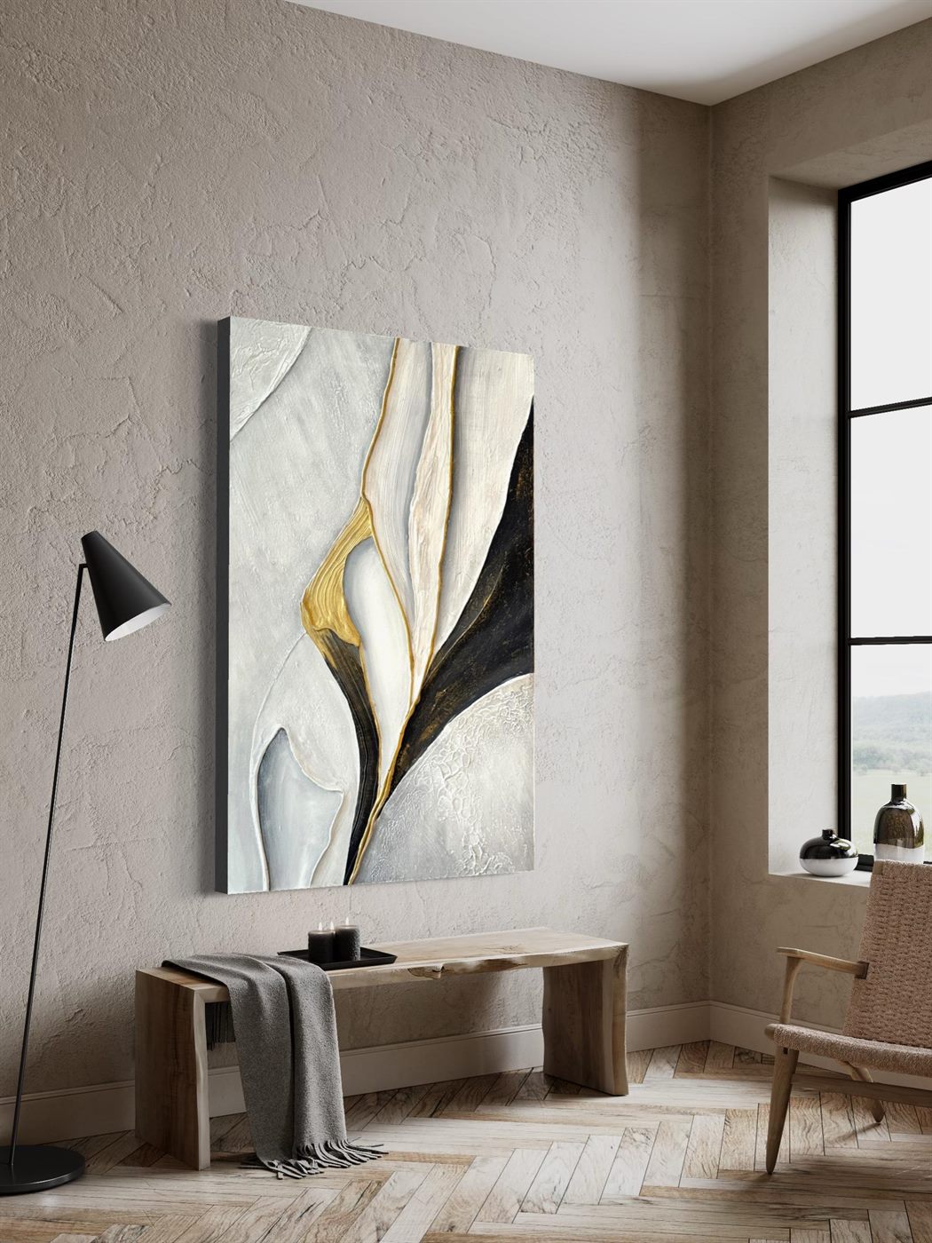 pétalo de oro, Made to order, any size — Beige, white, black and gold gathered into one flowing form, like a petal opening.